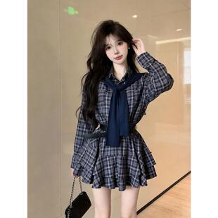 女装秋装矮个子150cm新款加小码XXS收腰连衣裙+披肩+腰带三件套