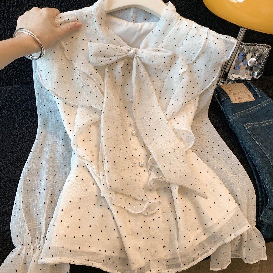 小个子加小码女装秋季150cm新款XXS蝴蝶结衬衫百搭荷叶边打底衫