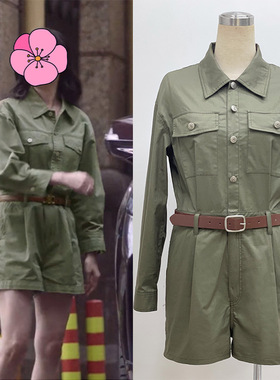 小舍得南俪宋佳同款绿色长袖连体裤宽松显瘦工装连衣短裤夏新款潮