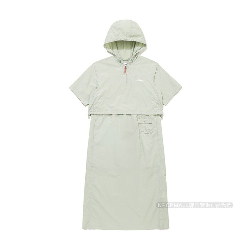 韩国代购 KODAK柯达休闲运动风连帽连衣裙女夏季新款绿色长款