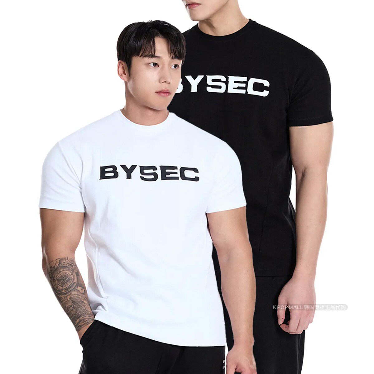 BYSEC韩国代购大LOGO肌肉紧身短袖男特厚弹力健身T恤修身显壮上衣