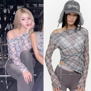 VIKA格纹网纱露肩衫 2000ARCHIVES BELLE同款 KIOF 灰色 韩国代购