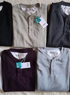 Expo男长袖T恤亨利领厚实宽松大码纯色美式阿美咔叽