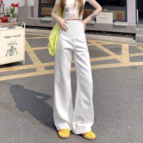 白色孕妇阔腿牛仔裤子春夏薄款外穿春装2026新款孕期直筒拖地长裤