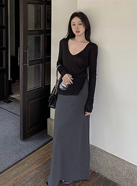 无托腹孕妇针织半身裙子女夏春秋季小个子孕期灰色显瘦直筒包臀裙