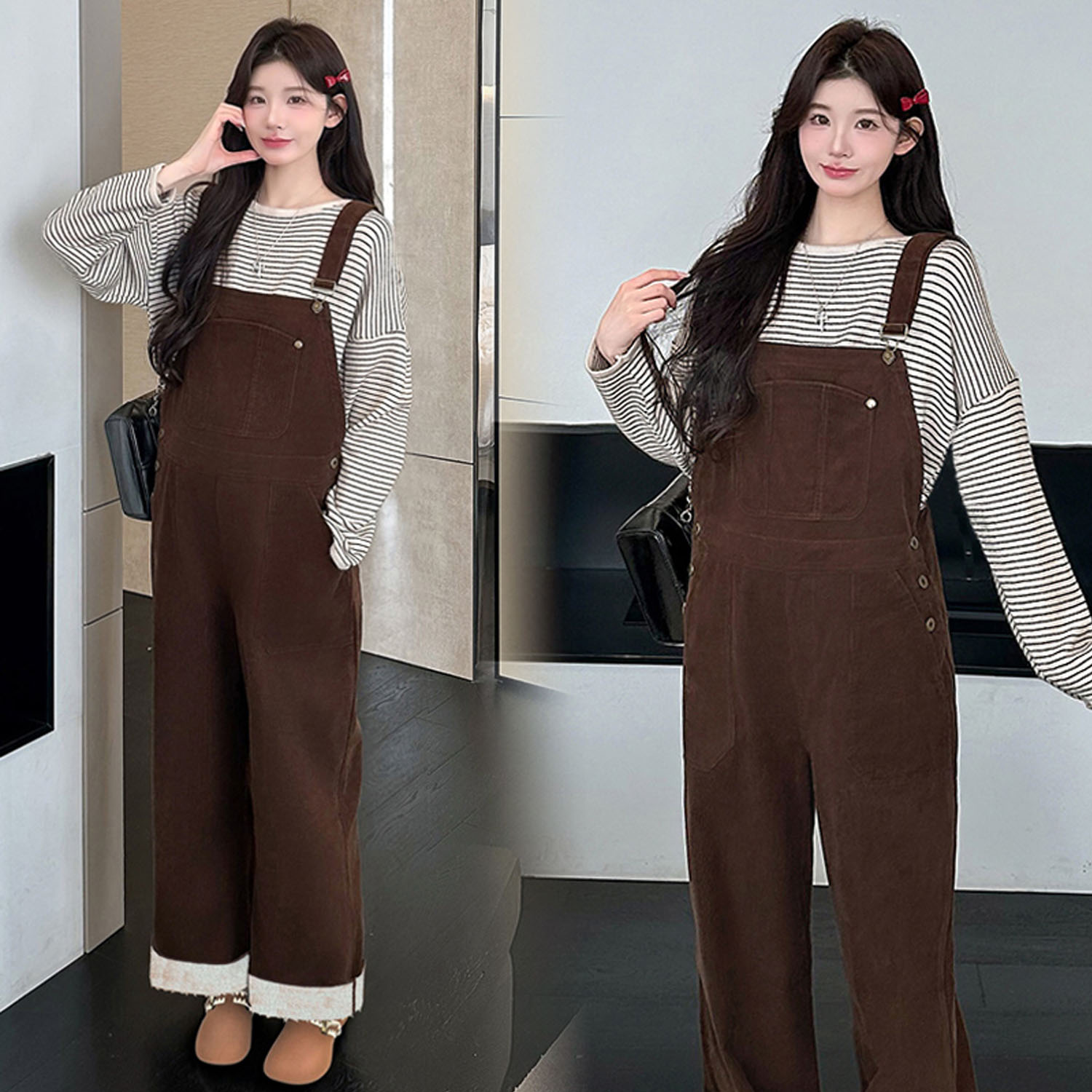 AUMS孕妇条纹上衣灯芯绒背带裤