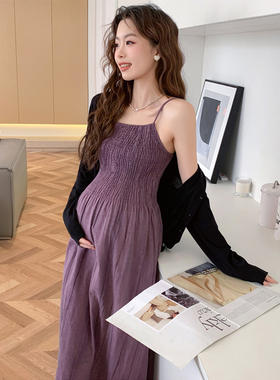 孕妇连衣裙夏春秋季高级感显瘦褶皱吊带长裙子黑色长袖开衫两件套