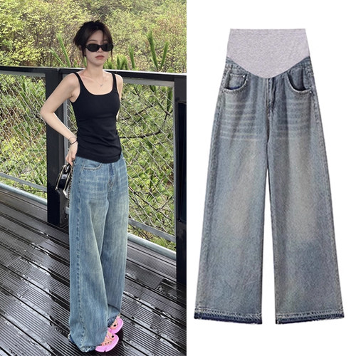 AUMS复古蓝孕妇毛边撞色牛仔裤