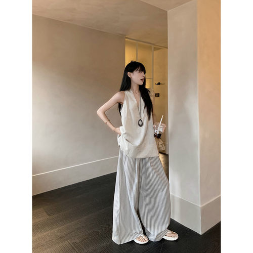 AUMS孕妇V领背心条纹阔腿裤