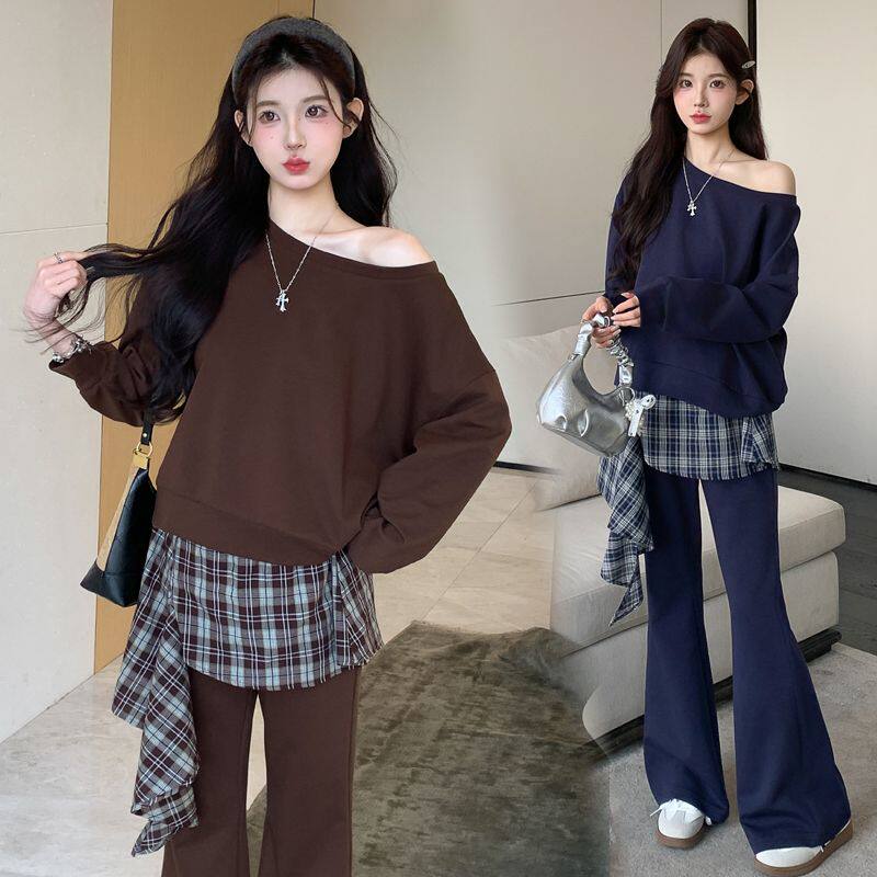 孕妇装2026新款套装宽松长袖斜肩卫衣格子拼接微喇裤子春季两件套