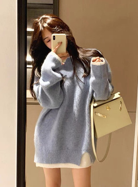 孕妇慵懒风套装2025新款宽松圆领假两件毛衣休闲阔腿裤秋季两件套