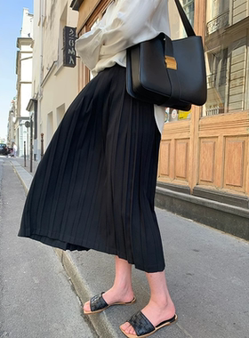 孕妇雪纺百褶半身裙秋季2025新款宽松显瘦黑色中长款托腹A字裙子