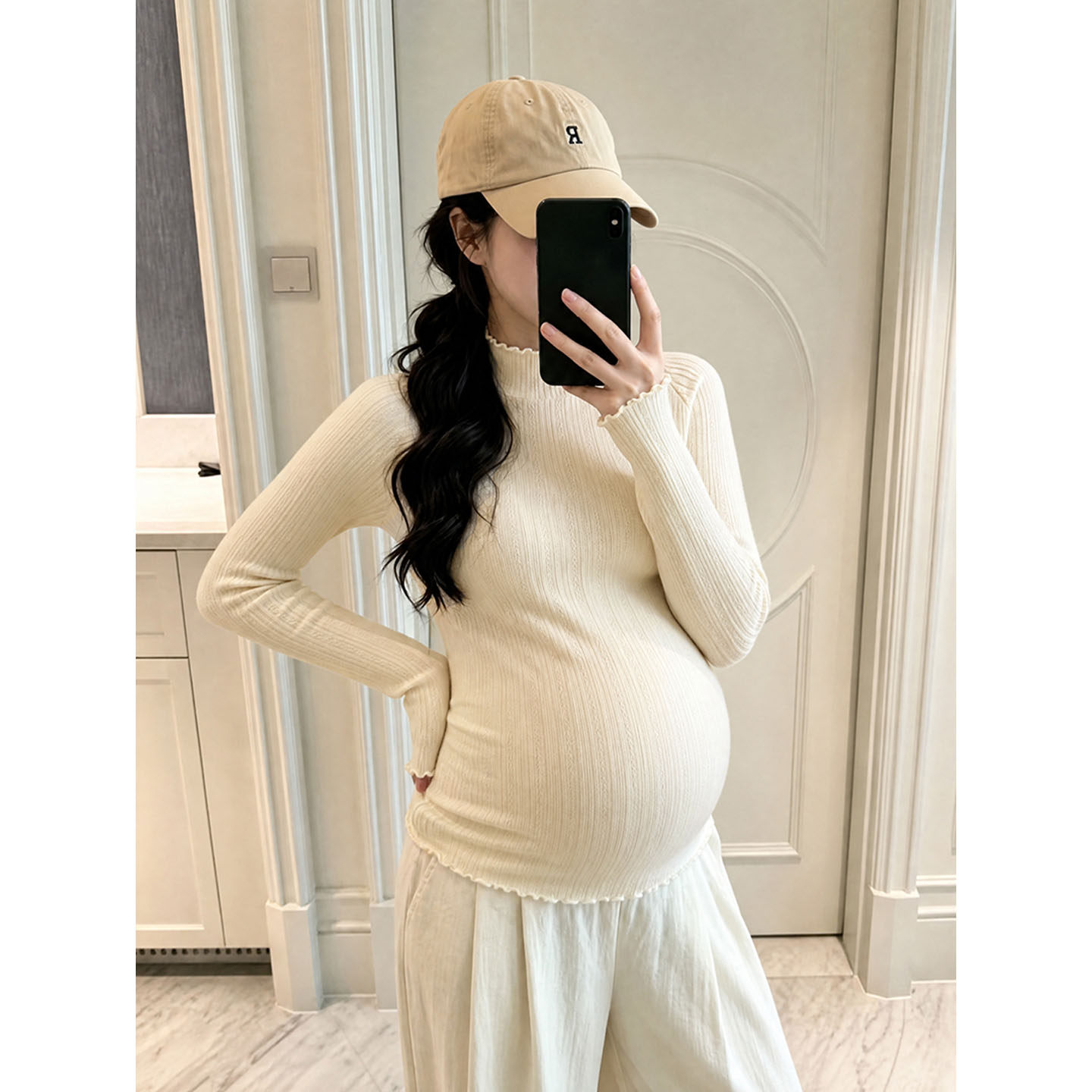 AUMS孕妇花边木耳领针织毛衣百搭