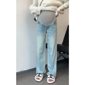 浅蓝色孕妇阔腿牛仔裤冬季加绒加厚宽松显瘦直筒拖地长裤子秋冬款