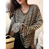 春装 春季 上衣2026新款 T恤罩衫 慵懒风宽松圆领显瘦条纹长袖 孕妇装