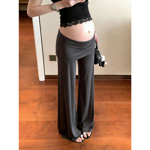 翻边腰孕妇阔腿裤子春夏季薄款外穿灰色孕期不勒肚子垂感拖地长裤