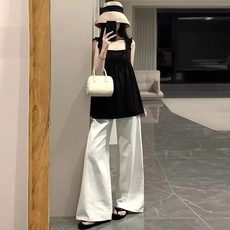 孕妇套装2025新款夏季法式黑色木耳边吊带背心女白色阔腿裤两件套