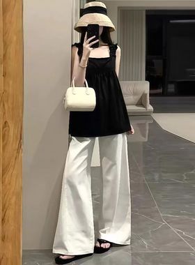 孕妇套装2025新款夏季法式黑色木耳边吊带背心女白色阔腿裤两件套