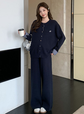 孕妇套装2025新款慵懒宽松撞色格子针织毛衣休闲阔腿裤秋季两件套