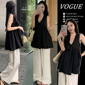 背心上衣阔腿裤 孕妇套装 宽松休闲黑色V领无袖 2026新款 两件套 春装