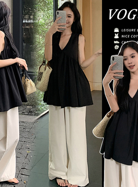 孕妇套装夏装2025新款宽松休闲黑色V领无袖背心上衣阔腿裤两件套