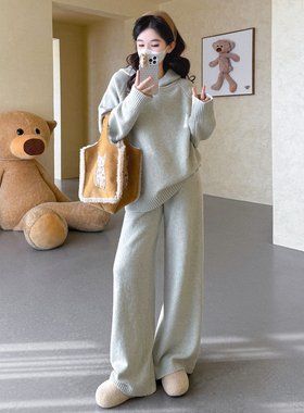 孕妇套装冬装2025新款纯色慵懒风宽松休闲连帽针织卫衣阔腿裤冬季