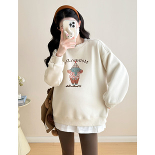 宽松慵懒圆领卡通印花假两件卫衣秋冬季 时尚 上衣女2025新款 孕妇装