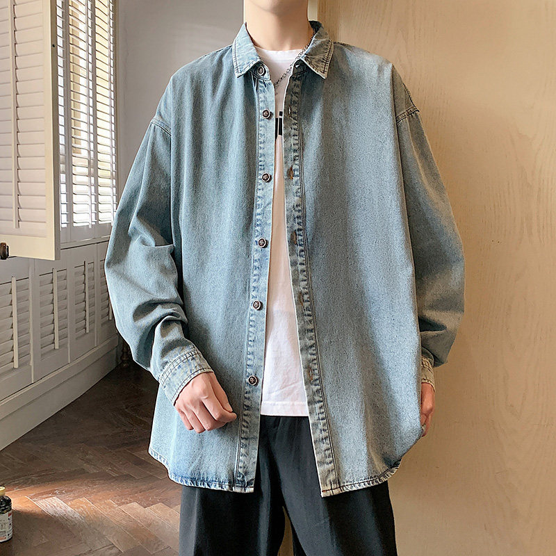 牛仔长袖衬衫男秋季美式韩版简约短袖衬衣港风宽松-CS622-P60蓝,男装衬衫,星座307-3(原516-1)