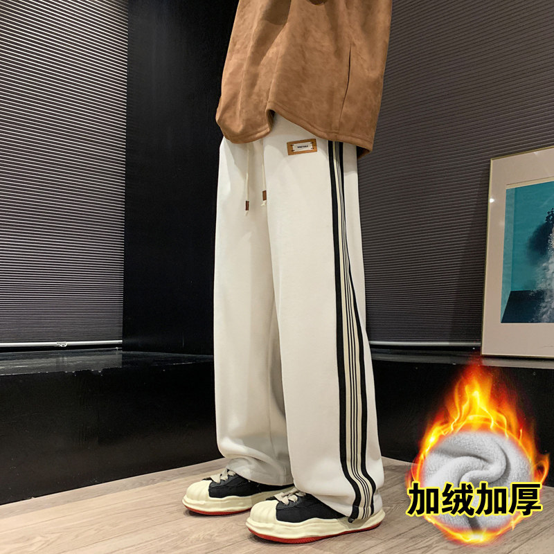 裤子男冬季抽绳束脚裤双面绒加绒加厚卫裤直筒休闲裤-K632-P50白图片