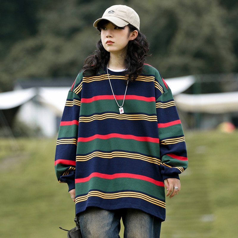 280G重磅长袖条纹情侣t恤秋山系cityboy宽松打底衫-2393-宝蓝P58,男装卫衣,星座307-3(原516-1)