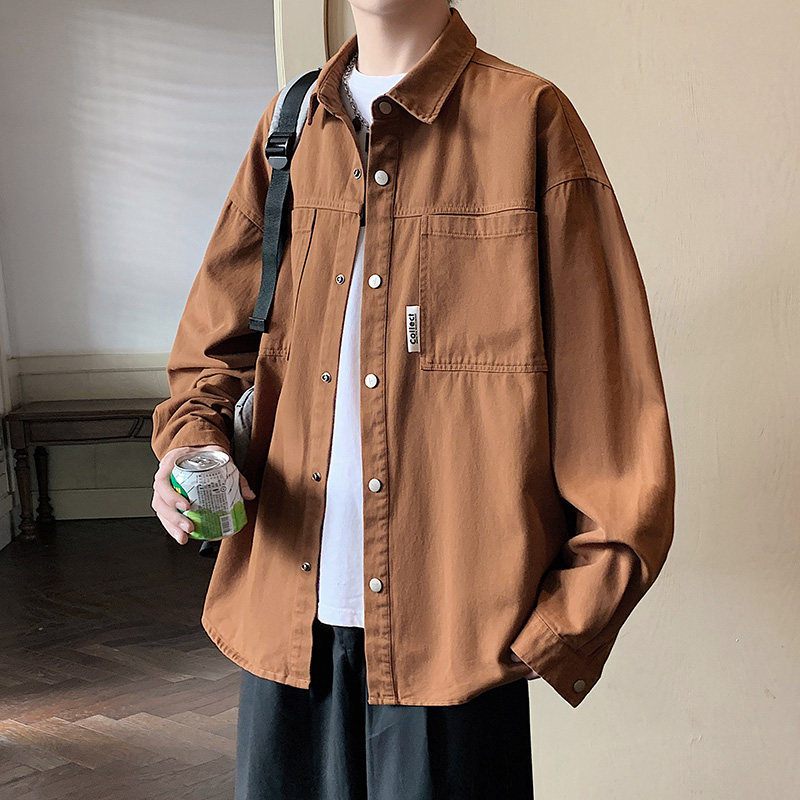 美式复古衬衫男2024秋季宽松cityboy休闲长袖衬衣-CS619-P68焦糖图片