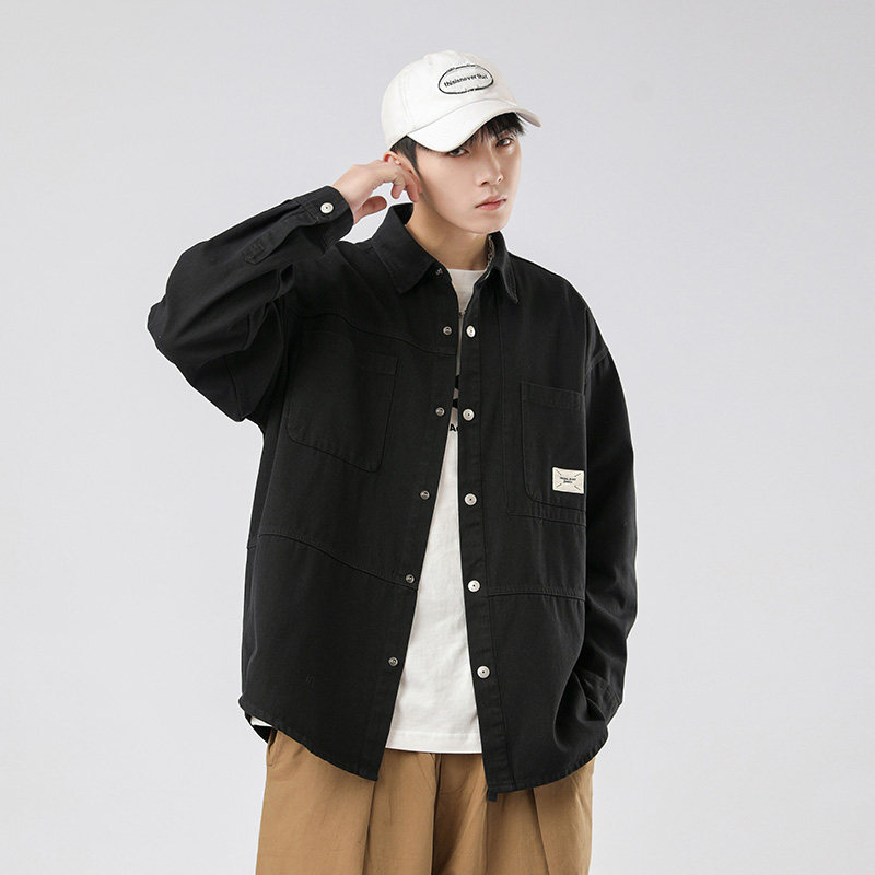 重磅水洗纯棉衬衫男美式休闲复古工装青年宽松外套男-CS620-P70黑,男装衬衫,星座307-3(原516-1)