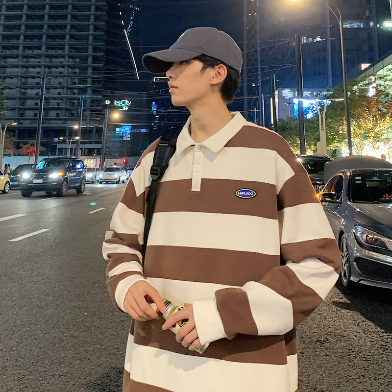秋装男士polo衫翻领拼色条纹字母卫衣少年学生衣服-2381-咖啡P55,男装卫衣,星座307-3(原516-1)