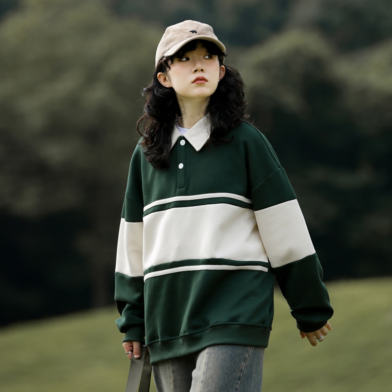 山系条纹翻领卫衣男女秋季宽松拼色polo衫长袖上衣-2386-墨绿P55，男装卫衣，星座307-3(原516-1)