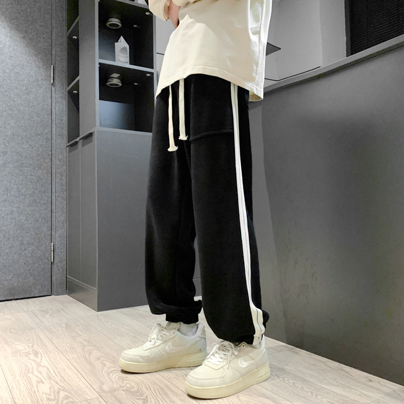 2024春夏季欧棉绒阔腿休闲卫裤男潮牌美式复古束脚裤-K666-P50黑图片