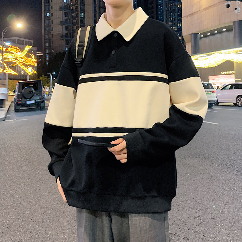 港风条纹翻领卫衣男23秋季宽松拼色polo衫长袖上衣-2386-黑色P55,男装卫衣,星座307-3(原516-1)