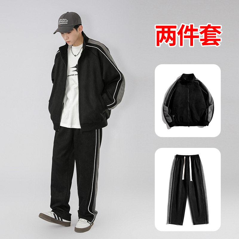 麂皮绒外套套装男2024新款春秋季冲锋衣棒球服夹克-TZ8802-P115黑图片