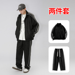 麂皮绒外套套装男2024新款春秋季冲锋衣棒球服夹克-TZ8802-P115黑图片