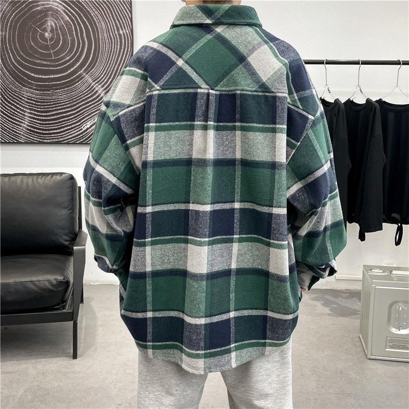 长袖格子衬衫男生春季潮牌ins宽松休闲韩版衬衣外套-CS612-P48-绿,男装衬衫,星座307-3(原516-1)