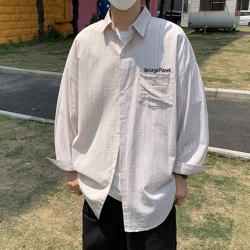 春夏长袖竖条纹衬衫男休闲港风高街bf韩版日系衬衣-CS80-P40卡其,男装衬衫,星座307-3(原516-1)