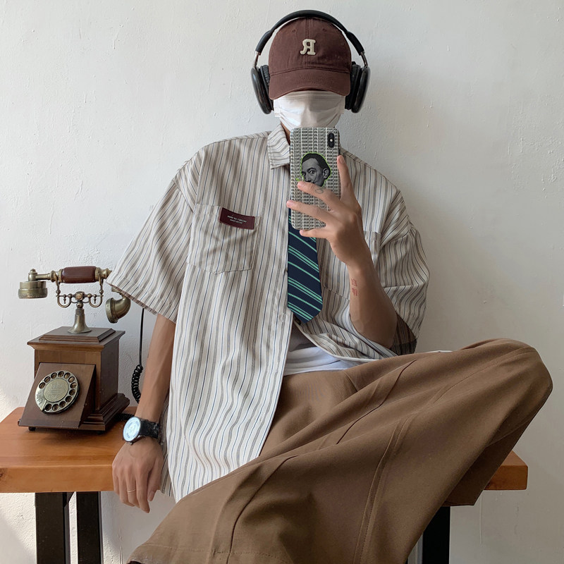 夏季衬衫男日系cityboy条纹长袖衬衣外套男-CS26-P40灰（送领带）,男装衬衫,星座307-3(原516-1)