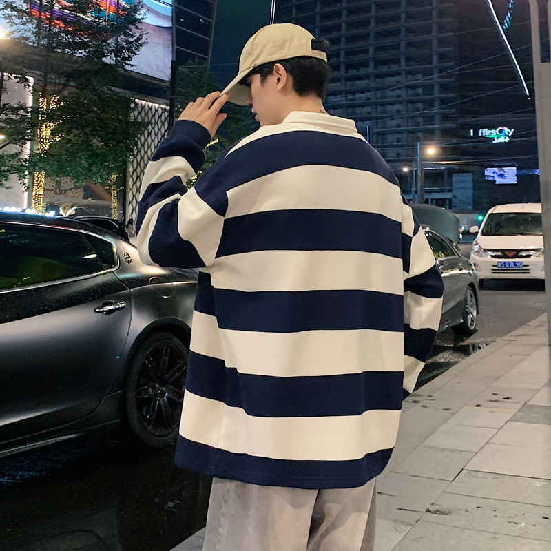秋装男士polo衫翻领拼色条纹字母卫衣少年学生衣服-2381-宝蓝P55,男装卫衣,星座307-3(原516-1)