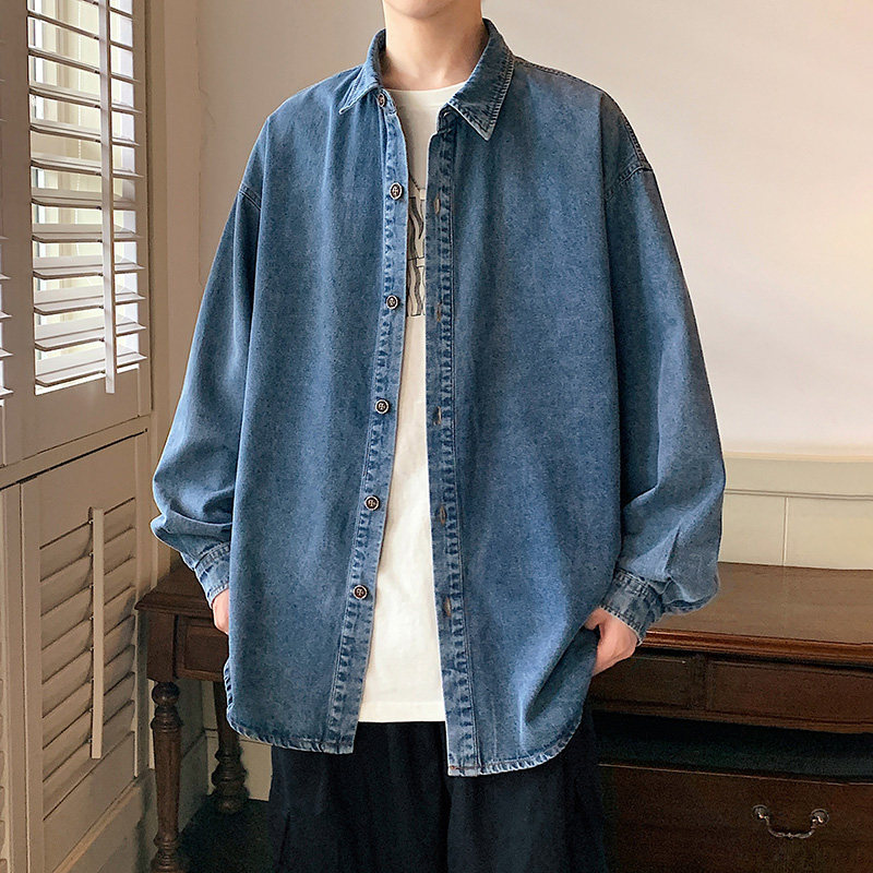 牛仔长袖衬衫男秋季美式韩版简约短袖衬衣港风宽松-CS622-P60蓝图片