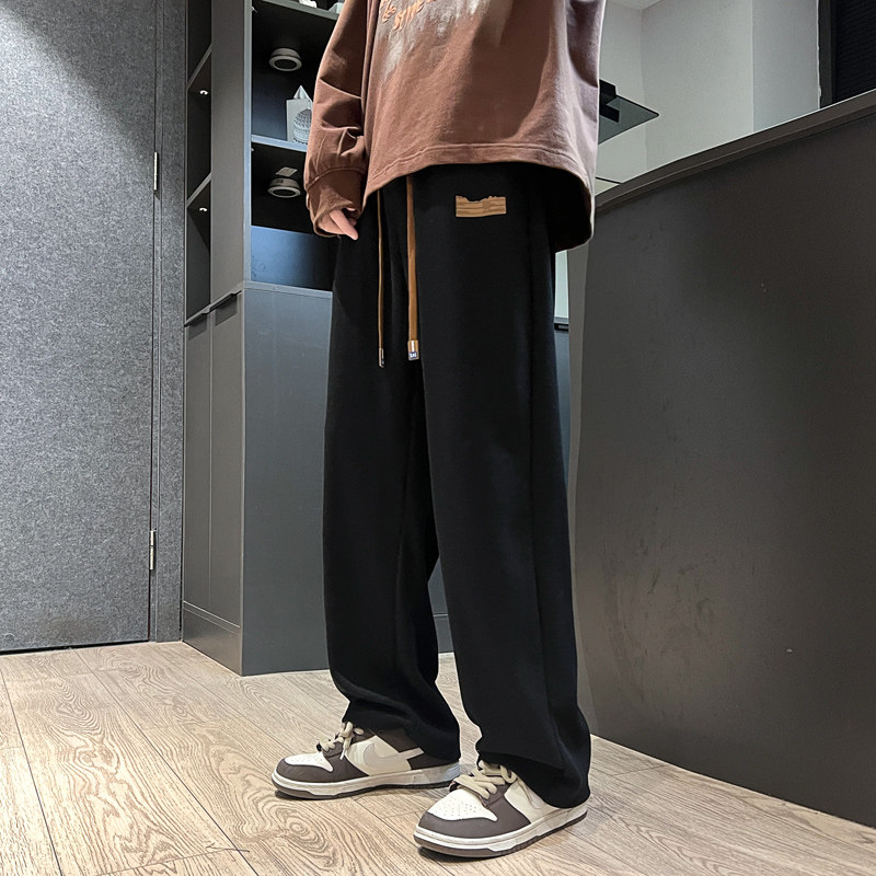 卫裤男2024春秋垂感oversize裤子宽松直筒阔腿长裤-K657-P38黑色图片