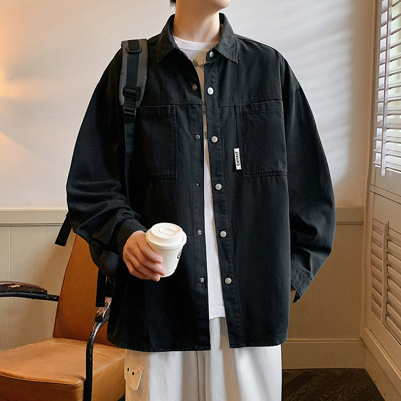 美式复古工装衬男2024秋季宽松cityboy休闲长袖衬衣-CS619-P68黑图片