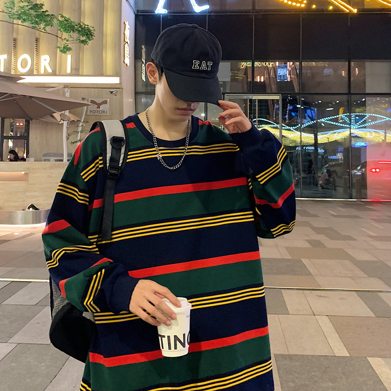 280G重磅长袖卫衣条纹情侣t恤秋cityboy宽松打底衫-2393-宝蓝P58,男装卫衣,星座307-3(原516-1)