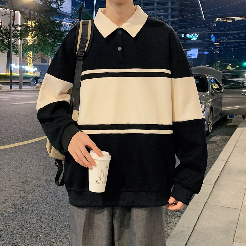 港风条纹翻领卫衣男23秋季宽松拼色polo衫长袖上衣-2386-墨绿P55,男装卫衣,星座307-3(原516-1)