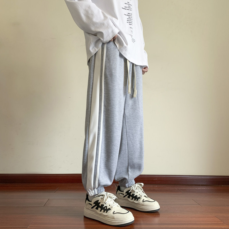 裤子男秋季宽松条纹束脚卫裤美式百搭休闲运动裤潮-K656-P45卡其,男装休闲裤,星座307-3(原516-1)