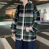 港风ins格子衬衫男长袖潮流百搭衬衣宽松春秋外套-CS612-P48-绿色，男装衬衫，星座307-3(原516-1)