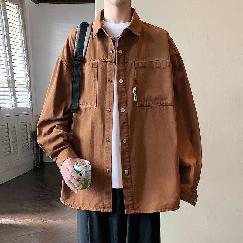 美式复古衬衫男2024秋季宽松cityboy休闲长袖衬衣-CS619-P68焦糖,男装衬衫,星座307-3(原516-1)